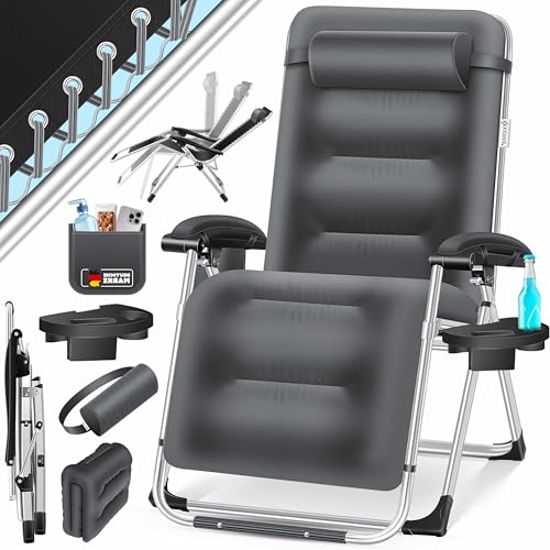 KESSER® Espreguiçadeira dobrável XXL, resistente ao interior, capacidade de carga de 200 kg, estofamento ergonómico, encosto ajustável, almofada cervical, porta-copos e almofada para braços, básico -