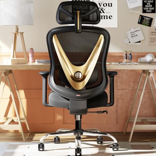 HOLLUDLE Cadeira de escritório ergonómica com suporte lombar 3D e apoios de braços 3D ajustáveis, design em forma de V, cadeira de secretária confortável para escritório e casa, preto e dourado