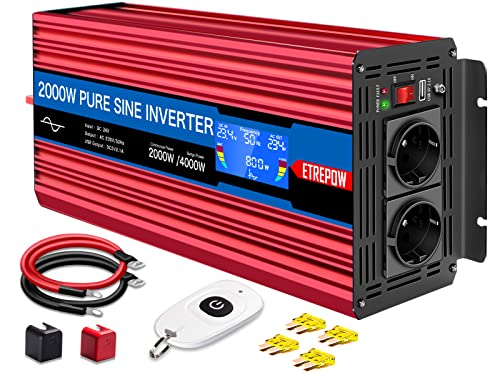 ETREPOW Inversor 24 V de 220 v onda pura 2000 W / 4000 W conversor de voltagem com 2 tomadas UE e um USB de 2,1 A, controlo remoto sem fio, ecrã digital e 2 ventiladores, transformador automático