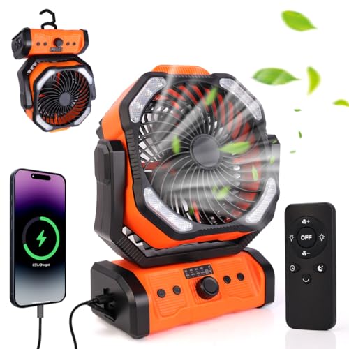 ELZO Camping ventilador 20000 mAh, portátil recarregável para secretária/tenda de campismo com controlo remoto e gancho, luz LED, ventilador USB de velocidade contínua, casa/exterior/viagens/pesca