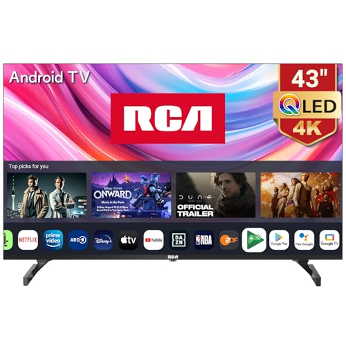 RCA QLED Smart TV 43 polegadas UHD 4K Android TV HDR com áudio Dolby, Google Assistant, WiFi, Bluetooth, sintonizador digital DVB-T/T2-C-S/S2