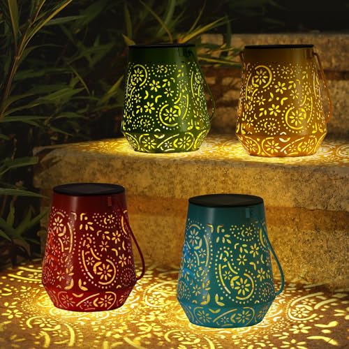 OxyLED Lanternas solares exteriores, 4 cores lanternas solares exterior IP44 impermeáveis luzes solares ao ar livre candeeiros solares decoração de jardim para pátio cerca caminho de Natal