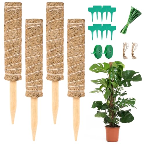Vicloon Tutores para plantas, 4 peças 30 cm vara de musgo, suporte para plantas de totem com 2 * 2 m corda de juta e 10 etiquetas, poste de coco empilháveis, para plantas escaladoras interior ao ar
