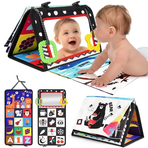 URMYWO Brinquedos bebés livro bebé Montessori dobrável Tummy Time com espelho mordedor e padrões contraste branco preto - bebés 0-12 meses meninos meninas