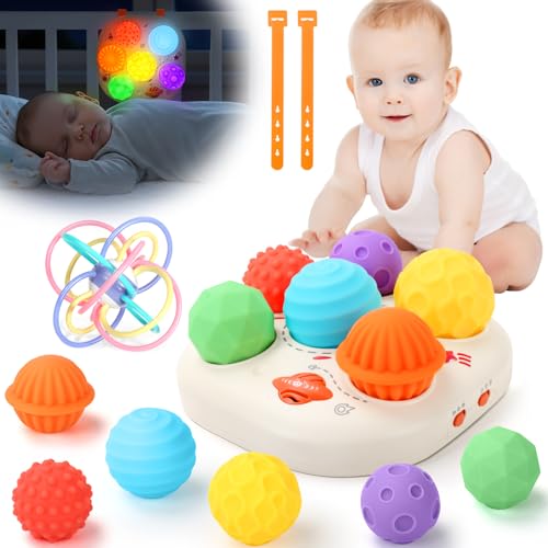 YOOHBERRYS Brinquedos bebés 6-12 meses, brinquedo musical bebé com luzes, Montessori brinquedos com 6 bolas sensoriais, presente para bebés recém-nascidos de 12 3 anos