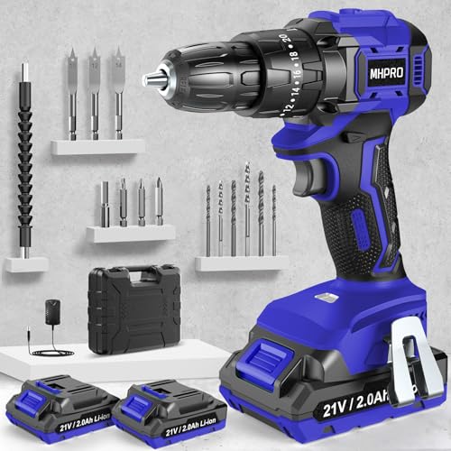 MHPRO Furadeira Percutor a bateria sem escovas, broca parafuso bateria 21 V com 2 baterias 2,0 Ah, parafuso elétrico 45 N.m, ajuste de par, Brushless Drill 14 acessórios, 2 velocidades