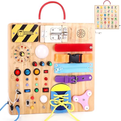 Konijiwa 23 em 1 brinquedos crianças 1 ano Montessori Busy Board com 15 interruptores e 26 luzes LED, caixa de música, cadeado, cordões e fecho de correr brinquedo de aprendizagem sensorial jogos