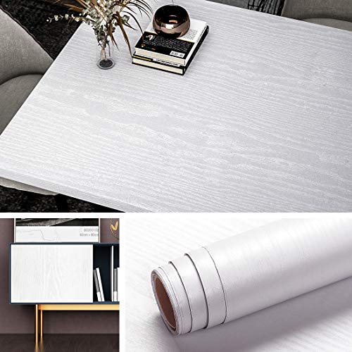 Livelynine Vinil branco para móveis de madeira 40 cm x 500 cm vinil branco efeito de madeira autocolante vinil para mesas decorativas vinil bancada cozinha resistente