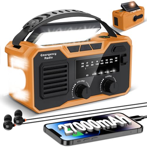 Rádio solar de emergência 27000 Mah, rádio emergência FM/Am, rádio manivela solar com alarme SOS e lâmpada, raios e pilhas pode carregar um telemóvel e reproduzir por Bluetooth (laranja)