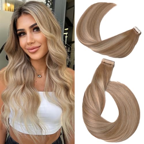 YDDM Extensões adesivas cabelo natural castanho claro com loiro dourado 40 peças 50 cm 100 g cabelo humano (20 polegadas, 10/10/22 #)
