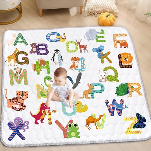 Funsland Tapete de bebé acolchoado dobrável, 127 x 127 cm antiderrapante algodão tapetes de gate, tapete impermeável para jogos bebé, letras animal tapete de atividades bebé para 12 3 anos