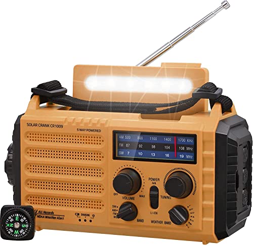 Mesqool Rádio solar, rádio de emergência portátil com manivela, rádio Dynamo Weather Am/FM/SW, carregador de telefone USB, lanterna LED e luz de leitura, alarme SOS, bússola para acampar ao ar livre