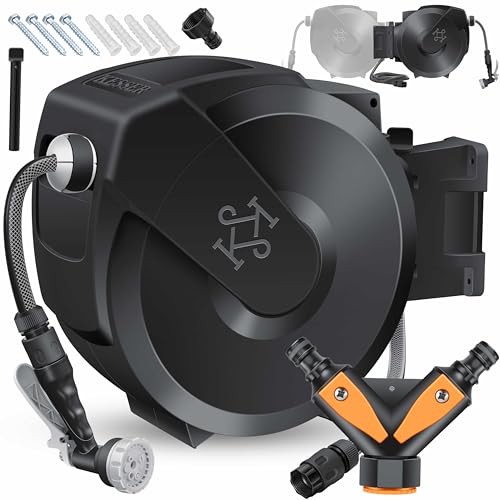 KESSER® Enrolador de mangueiras, mangueira de jardim, montagem na parede, rotação de 180° e retroção automática, incl. Chuveiro de 7 funções, 15 m - antracite / preto