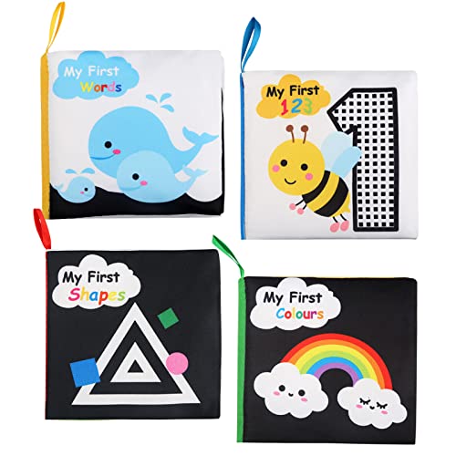 LEADSTAR Livros para bebés, livro branco e preto bebé, livros tecido bebé montessori, 4 peças livros lisos brinquedos presente livro suave cognição pano para crianças bebé 0-3 anos