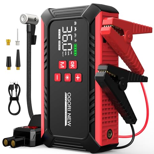 Arrancador de baterias para carro 6000A, OGORI NEW Acionador de carro com compressor de ar portátil (10 l de gasolina/8 L de diesel), Jump Starter com modo lanterna de 3 LED