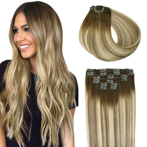 SURNEL Extensões de clipe de cabelo natural 120 g 45 cm 6 peças castanho mais escuro a desvanecer a castanho Ash destaque com extensões de loiro de humano real extensões cabelo Remy (C#3/8/22-45 cm)