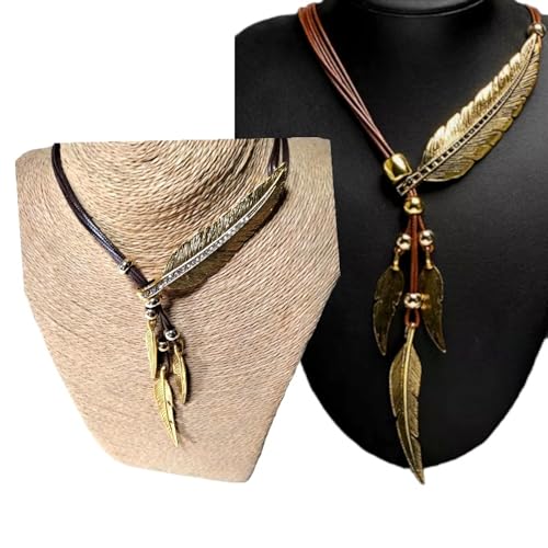 Collar Estilo Bohemio para Mujer con Patrón de Hoja y Pluma. Joyería Fina. Collares llamativos | Colgante Étnico Hecho a Mano en España. Regalo Original (CUERO MARRÓN)