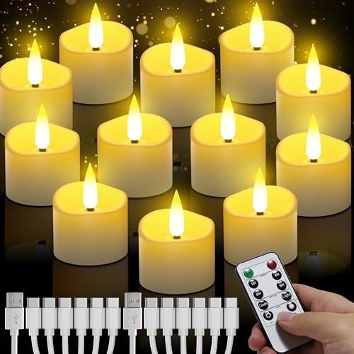 Velas LED recarregáveis com controlo remoto de 12 peças, velas de chá sem chama com função de temporizador automático, velas a pilhas para casamentos, festas, Halloween, Natal, decoração de casa