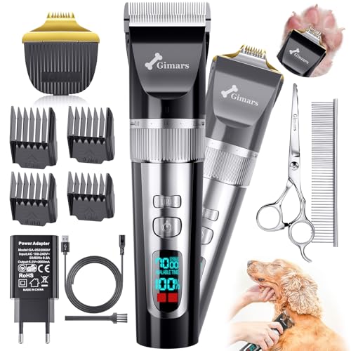 Gimars 4 em 1 corta-pelos para cães com máquina de cortar pelo cães, corta-pelos de 3 velocidades, de alta potência, silencioso e recarregável com pente e tesouras, sem cabo USB para cães, gatos