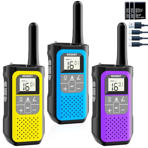 Walkie Talkie Longo alcance para crianças adultos, NXGKET rádio recarregável de 16 canais, alcance de 5 km com bateria de iões de lítio de 1200 mAh, cabo de carregamento USB-C, VOX para caminhadas e