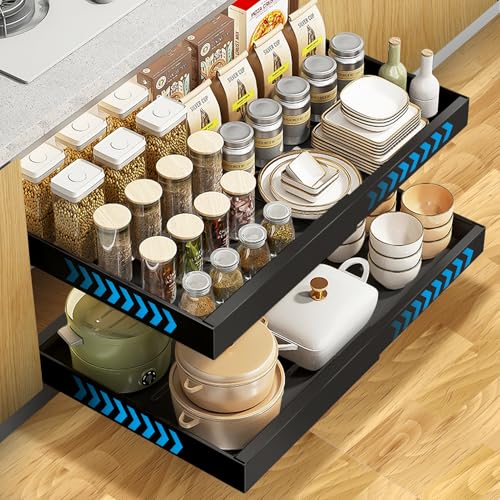2 gavetas removíveis para cozinha - gaveta removível móvel com bandeja removível armário cozinha, largura ajustável 31,5 - 52 cm, sistema de trilhos sem perfuração, organizador armário extensível