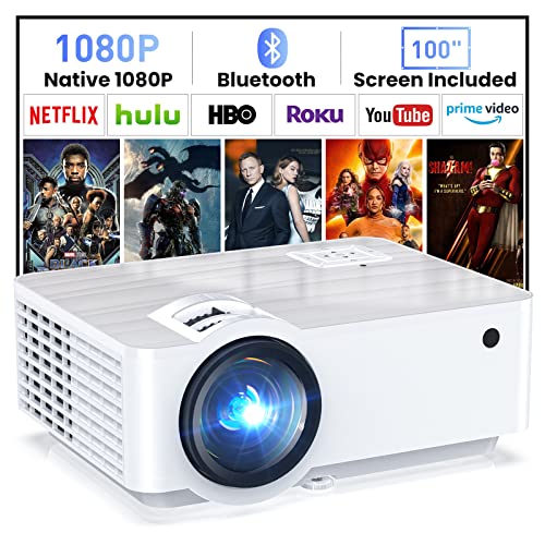 HOPVISION Projetor, nativo 1080P 4K 9500 lúmenes mini projetor multimédia teatro em casa Bluetooth 5.1 com ecrã de 100 polegadas compatível com HDMI, USB, AV, Smartphone