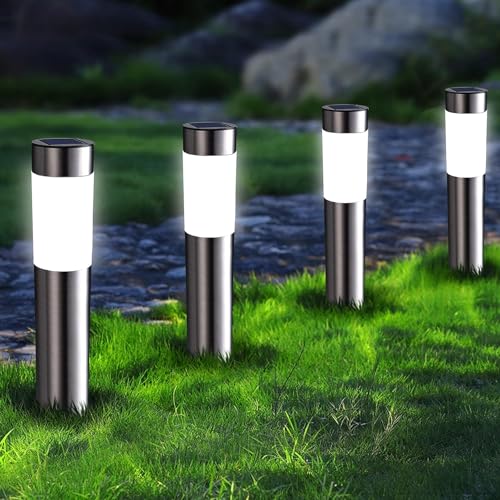 Joomer Luzes solares LED exterior jardim, 4 unidades luzes solares LED de aço inoxidável, impermeável caminho de luzes cilíndricas para jardim ligado/desligado automático para relvado pátio, entrada -