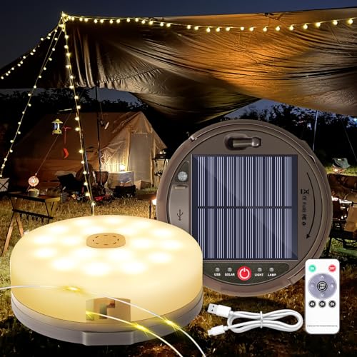 HELESIN Corrente de luzes para campismo, enrolável, 12,8 m, 128 LED, solar, para campismo, exterior, carregamento USB, IP44, impermeável, para campismo, jardim e caminhadas