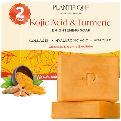 PLANTIFIQUE Sabão de curcuma e ácido kojico, 2 barras com vitamina C, ácido hialurónico e colágeno, sabão facial para manchas - Turmeric & Kojic Acid Soap, 160 g