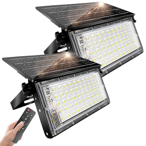 CREATESTAR Foco solar para exterior, 50 W, 2 peças, super brilhante luz solar exterior com controlo remoto, IP65 candeeiros solares impermeáveis para jardim, pátio, garagem