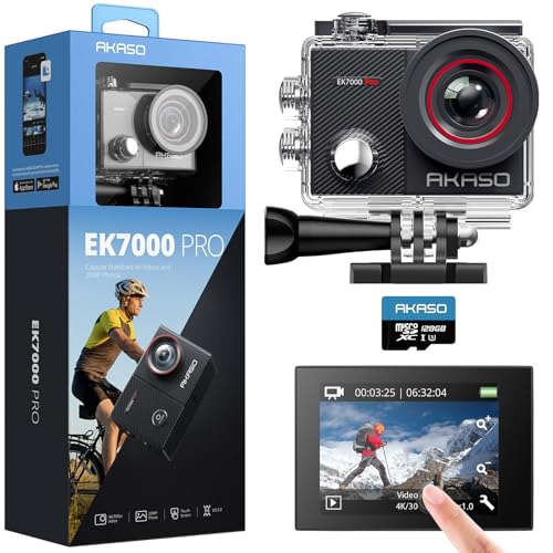 AKASO EK7000 Pro Câmara desportiva 4K com cartão microSDXC 128GB, 20MP WiFi câmara de ação com ecrã tátil, EIS estabilizador, controlo remoto, 170°, ângulo ajustável, impermeável 40 m