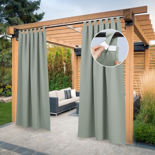 PONY DANCE Cortinas exteriores, terraço, impermeável, cortinas opacas, 2 peças, com proteção UV, para varanda, jardim, pátio, com velcro, 132 x 243 cm, verde sálvia