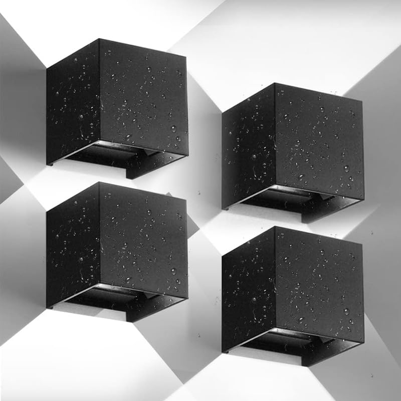 4 peças aplique parede exterior/interior, 12 W 6500 K luz branca fria apliques de parede interior impermeável IP65 ângulo ajustável candeeiros exterior preto para pátio, terraço, sala de estar, jardim