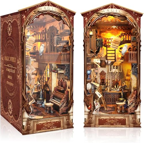 RONSTONE Book Nook - Mini casa de bonecas Booknook estante inserível decoração - mundo mágico puzzles de madeira em 3D com luz LED e capa antipoeira, presente criativo para adultos