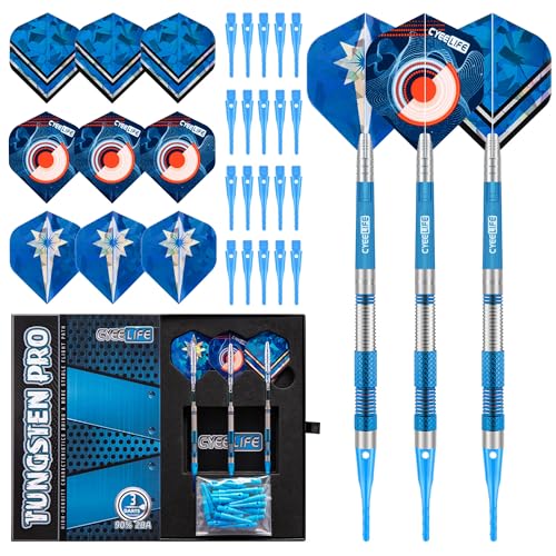 CyeeLife Dardos com ponta de plástico, 90% tungsténio, 3 unidades, 90% tungsténio, conjunto profissional com penas, canas e pontas (preto) (azul)