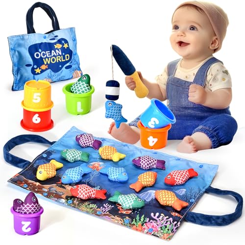Yitical Brinquedos crianças 1 ano montessori, conjunto de pesca de tecido com caneca empilháveis, saco de armazenamento, brinquedos educativos para bebés 6-12 meses, presente bebé 12 anos