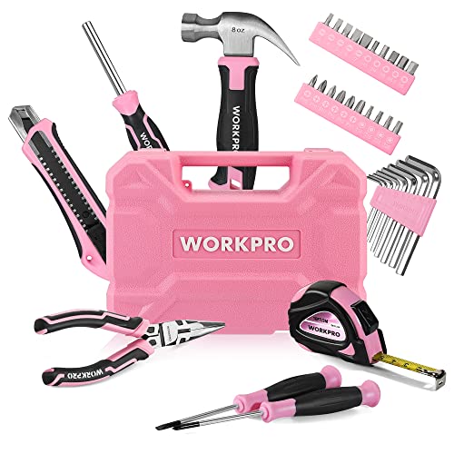 WORKPRO 35 peças conjunto de ferramentas portátil para bricolage com caixa rosa, ferramentas rosa com alicates chaves de fenda martelo etc. para bricolage e reparações diárias