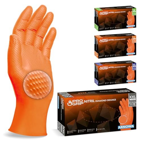 50 x PROGRIP Luvas nitrilo tamanho XXL laranja [com dupla espessura e textura diamante], luvas descartáveis de nitrilo para oficina, indústria e montagem, luvas nitrilo descartaveis