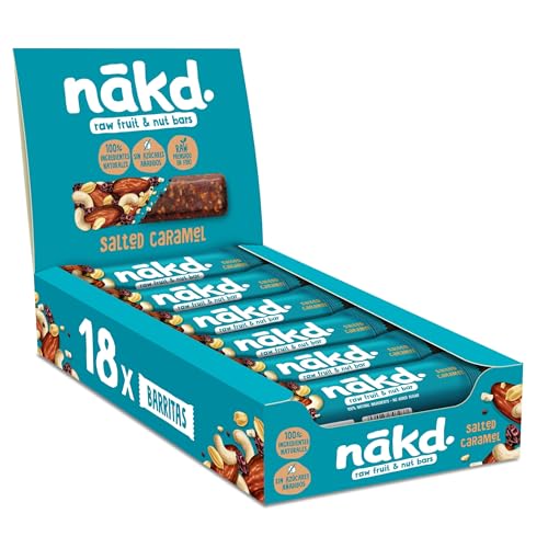 Nākd. Salted caramelo - barras Raw de frutas e frutos secos, 100% ingredientes naturais - sem açúcar adicionado, 18 x 35 g