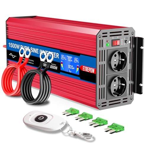 ETREPOW Inversor 24 V 220 v onda pura 1500 w / 3000 w conversor de voltagem com 2 tomadas UE e um USB de 2,1 A, controlo remoto sem fio, ecrã digital e 2 ventoinhas - transformador automático