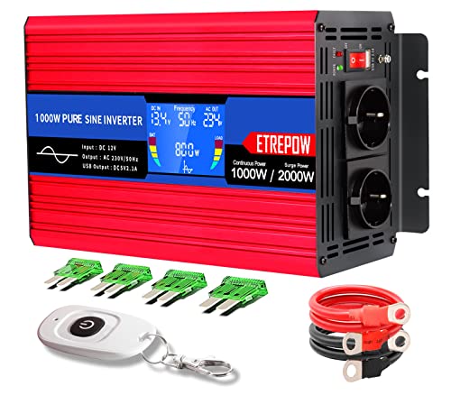 ETREPOW Inversor 12 v 220 v onda pura 1000 w conversor de voltagem com 2 tomadas da UE e USB, controlo remoto sem fios, ecrã LCD adequado para sistemas solares, caravanas, carros, campismo
