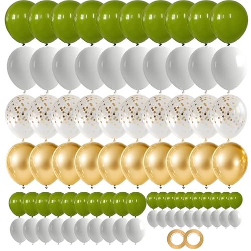 80 Balões de aniversário e casamento - Kit com balões dourados, verdes, brancos e confetti dourado, decoração de festa com hélio, para celebrações, eventos e festas temáticas (verde dourado)