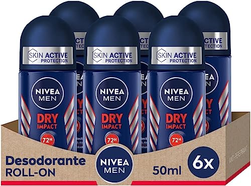 NIVEA MEN Dry Impact Roll-on em embalagem de 6 (6 x 50 ml), desodorizante antitranspirante com proteção 48 h, cuidado masculino testado na vida real