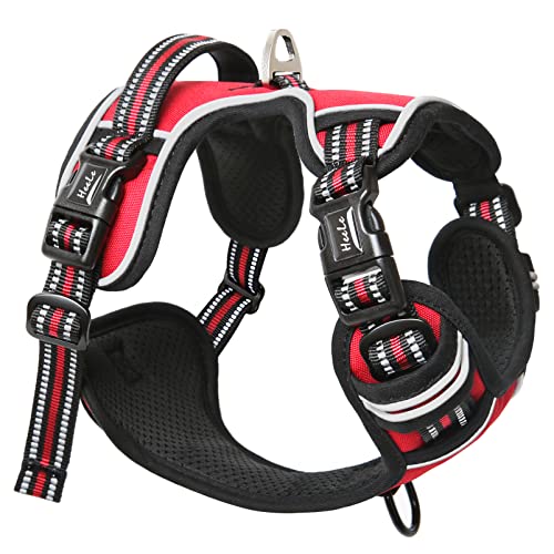 HEELE Arnês para cão grande arnês peito anti-puxões com alça acolchoada e linhas refletoras, 3 fivelas de libertação rápida, confortável respirável, arnês para cão passeio e treino, vermelho, XL