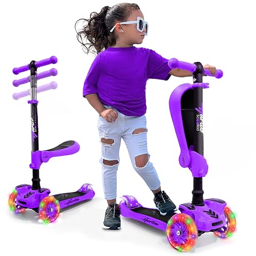 Hurtle Scooter criança 3 rodas, brinquedos crianças 2 anos ou mais, com assento dobrável, altura ajustável, mono 2 em 1, luzes intermitentes.