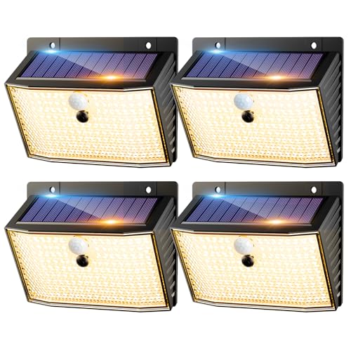 nipify Luz solar exterior com sensor de movimento, 168 LED holofotes LED exteriores solares, holofote solar com 3 modos, IP65 luzes solares impermeáveis para jardim, garagem, pátio, branco quente