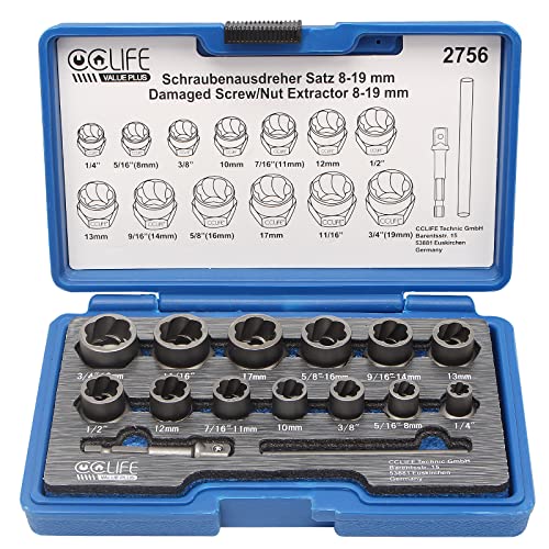 CCLIFE 15 peças conjunto de extrator de porcas extrator de parafusos para remover parafusos danificados 8-19 mm