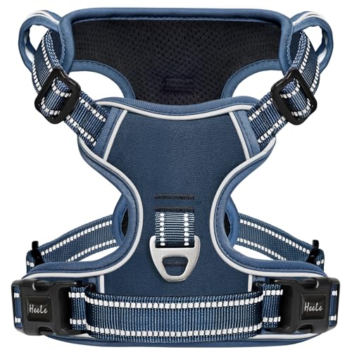 HEELE Arnês para cão arnês para cães antipuxões colete refletor ajustável arnês para cão com vários utilitários arnês macio acolchoado para cães arnês arnês grande, azul real, L