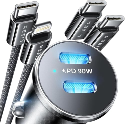 LISEN 90 W Carregador de carro carregamento super rápido para iPhone 16 - carregador isqueiro USB C tomada isqueiro carro de 12 V acessórios carro interior metal para iPhone 16/15/13 Pro Max Samsung