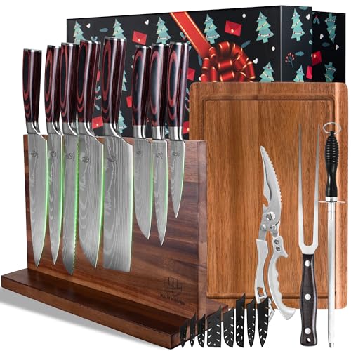 FULLHI Conjunto de 13 facas com porta-facas magnético, tábuas de cortar, tesouras de cozinha, garfo para peru e vara, primeira opção para oferecer (café de madeira)